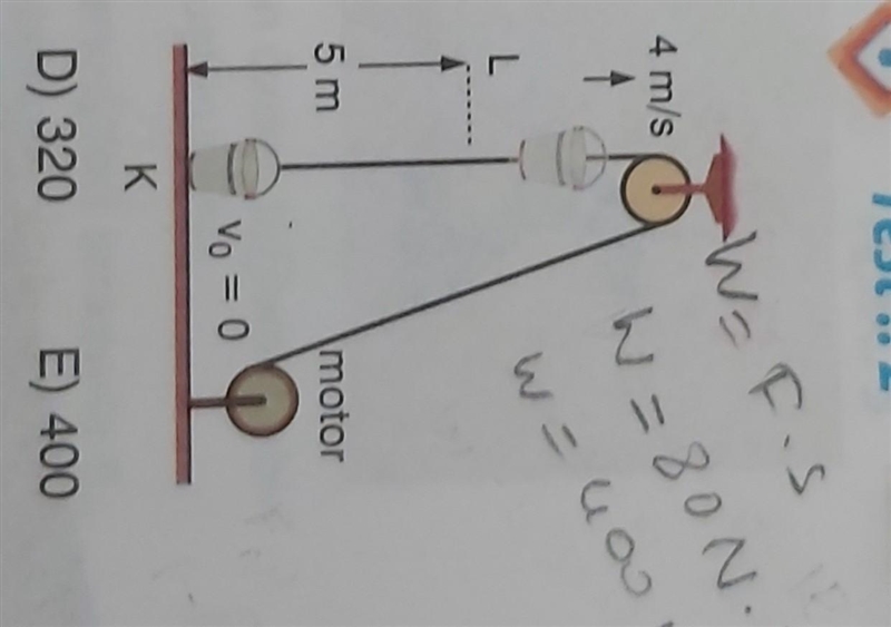 80N force ; height: 5m it reaches a final velocity of 4 m/s (no mass given) wanted-example-1