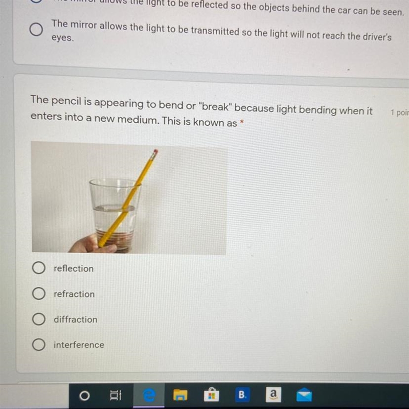 The pencil is appearing to bend or "break" because light bending when it-example-1