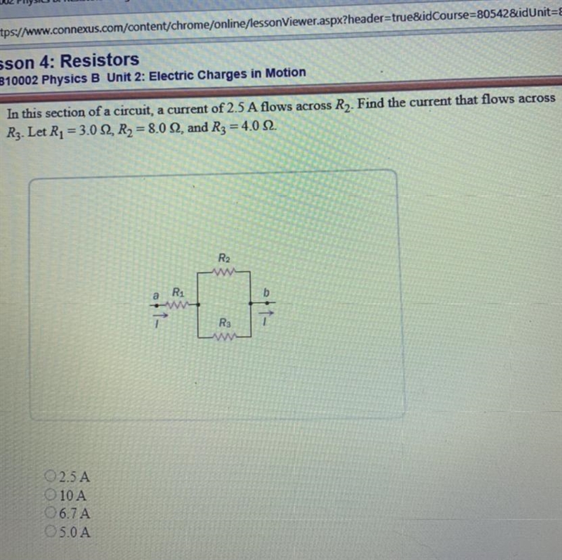 In this section of a circuit, a current of 2.5 A flows across R2. Find the current-example-1