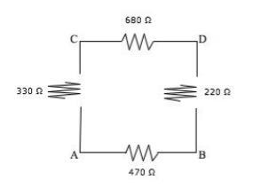 What is the approximate equivalent resistance between points A and D? A) 320 Ω B) 410 Ω C-example-1