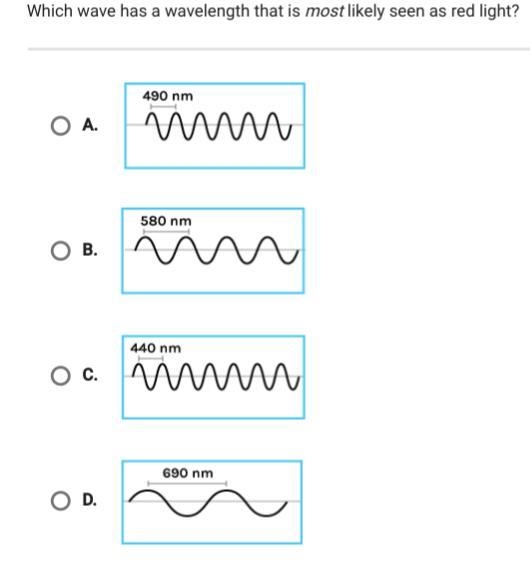 Which wave has a wavelengh that is most likely seen as red light?-example-1