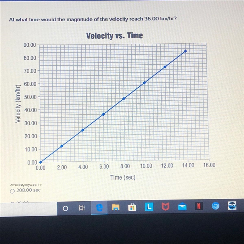 At what time would the magnitude of the velocity reach 36.00 km/hr ? A. 208.00 sec-example-1