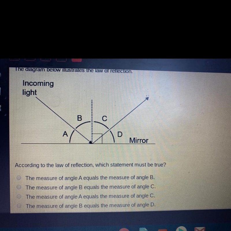 The diagram below illustrates the law of reflection. Incoming light Mirror According-example-1