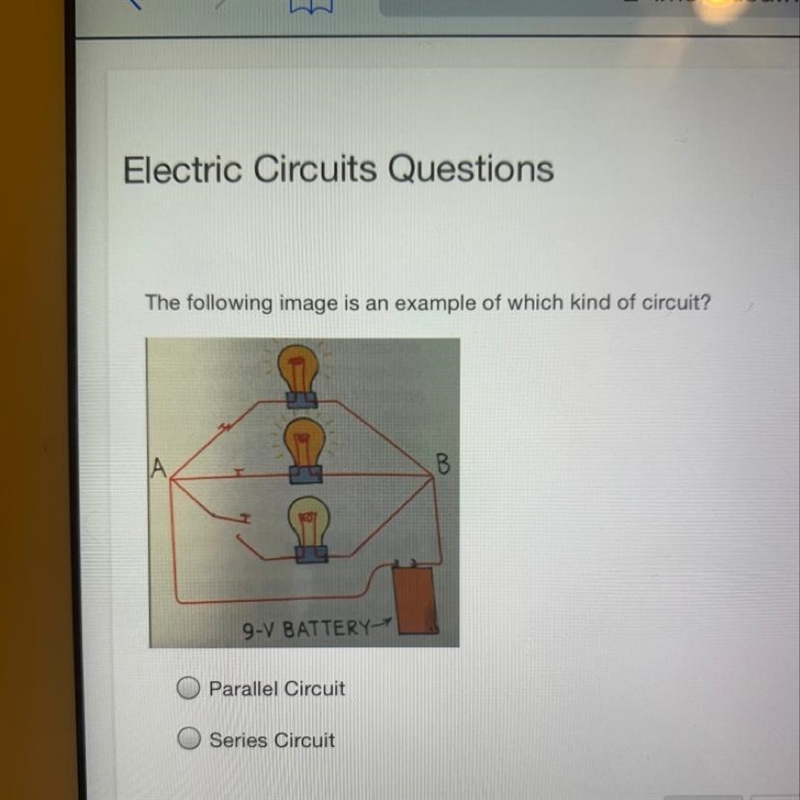 The following image is an example of which kind of circuit? 9-V BATTERY O Parallel-example-1