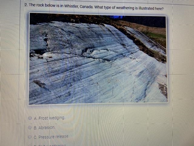 The rock below is in Whistler,Canada. What type of weathering is illustrated here-example-1