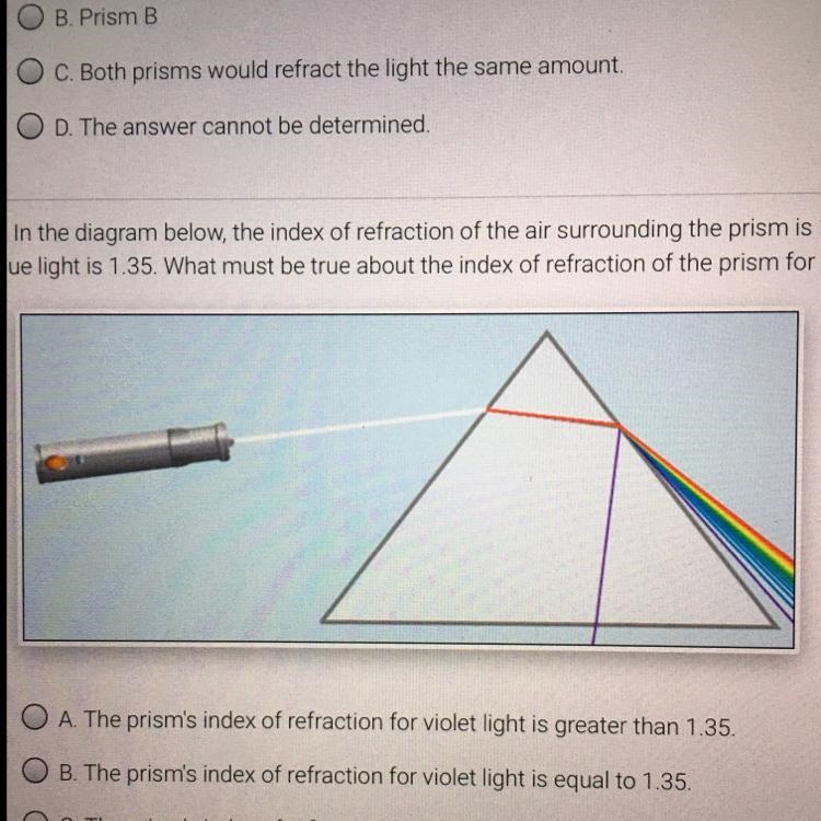 4 in the diagram below the index of refraction of the air surrounding the prism is-example-1