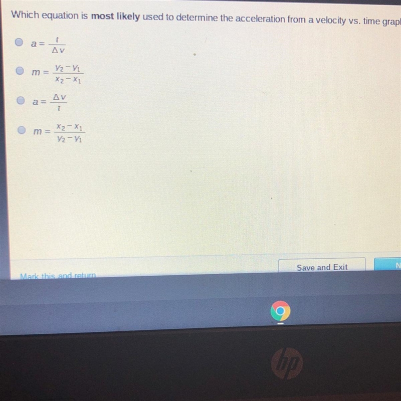 Which equation is most likely used to determine the acceleration from a velocity vs-example-1