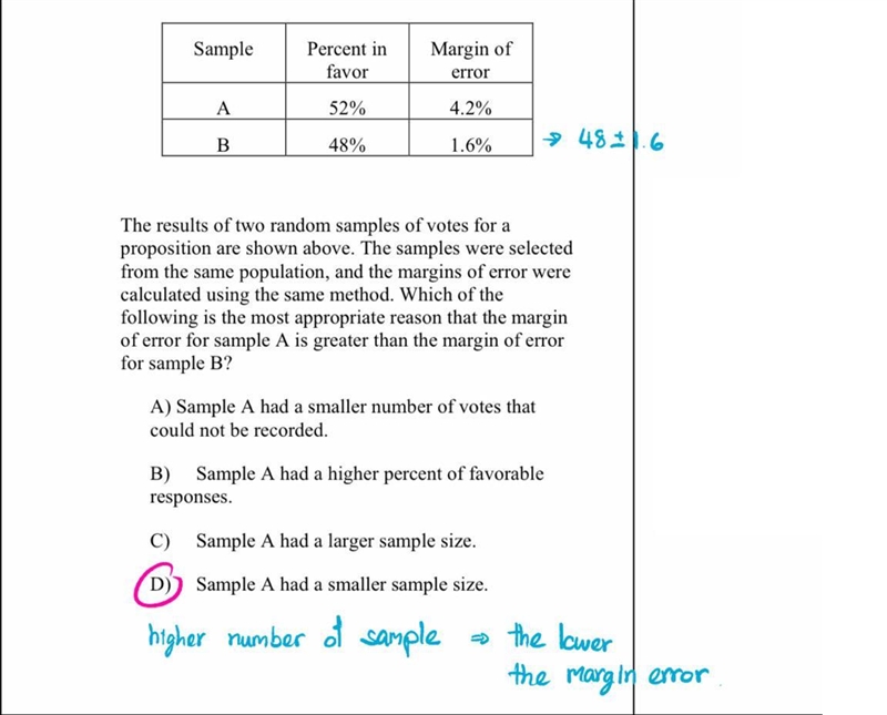 Sample Percent in favor Margin of error A 52% 4.2% B 48% 1.6% The results of two random-example-1