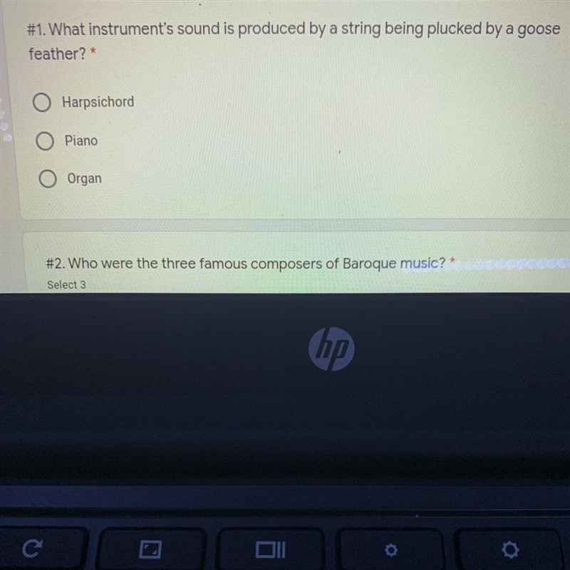 #1. What instrunent's sound is produced by a string being plucked by a goose feather-example-1