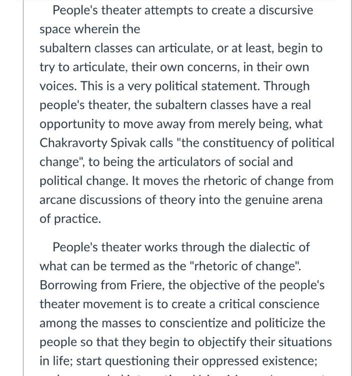 Which of the following best describes how the author views people's theater? A. Challenging-example-1