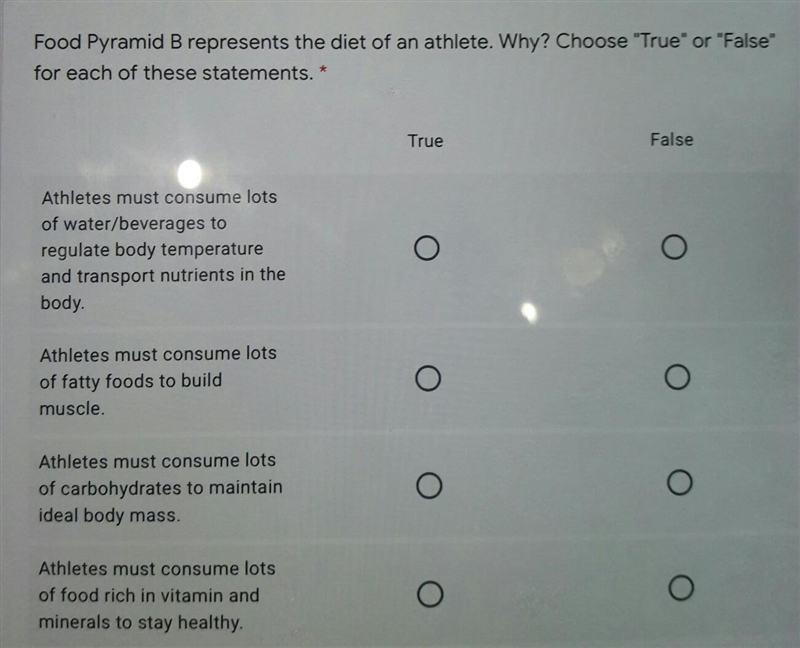 Food Pyramid B represents the diet of an athlete. Why? Choose "True" or-example-1