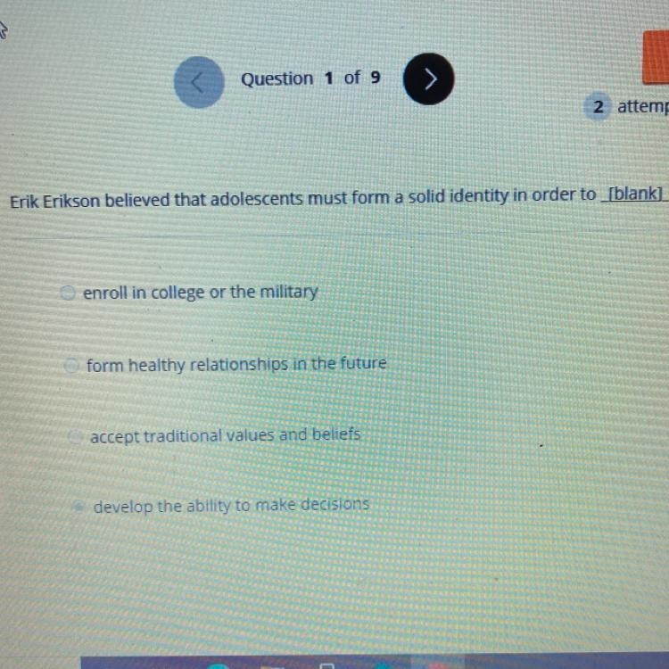 Erik Erikson believed that adolescents must form a solid identity in order to [blank-example-1