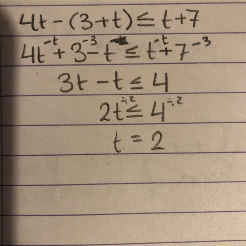 4t - ( 3 + t ) ≤ t + 7-example-1