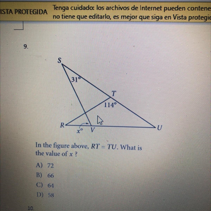 In the figure above, RT = TU. What is the value of x ? A) 72 B) 66 C) 64 D) 58-example-1