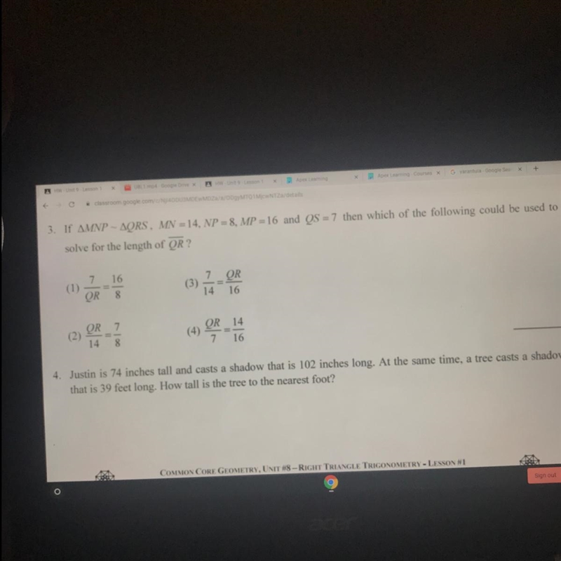 3. If Triangle MNP - Triangle QRS, MN = 14, NP = 8 MP=16 and QS = 7 then which of-example-1