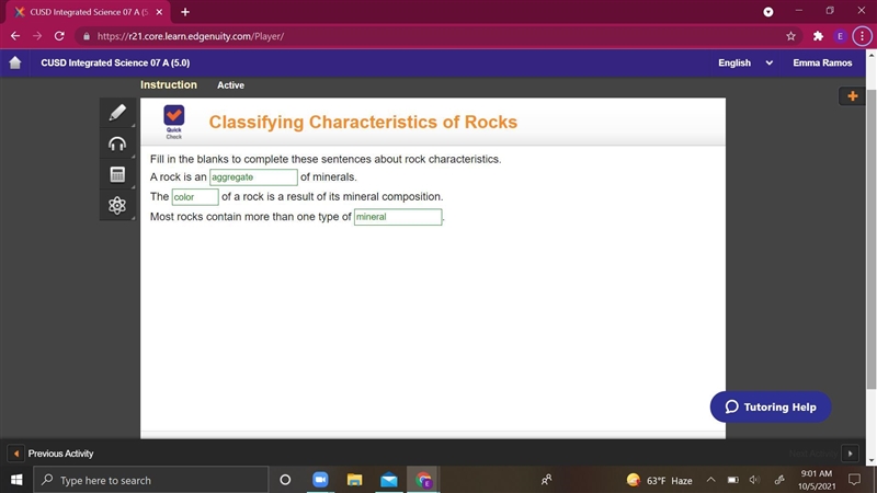 Fill in the blanks to complete these sentences about rock characteristics. A rock-example-1