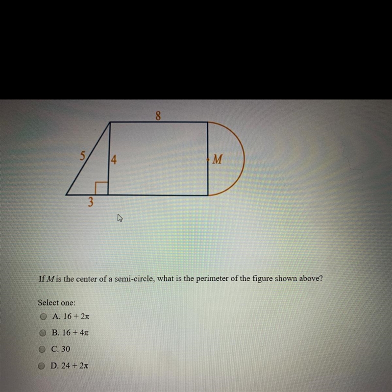 If m is the center of a semi circle what is the perimeter of the figure shown above-example-1