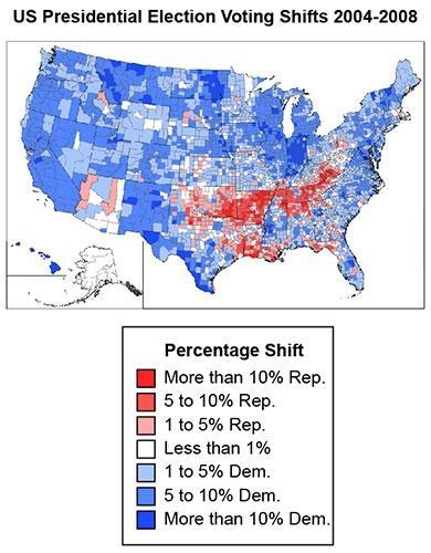 Based on the data, which is true about voting shifts from 2004 to 2008? A. The country-example-1