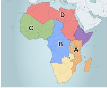 Which region is marked with the letter B? A. Southern Africa B. Central Africa C. West-example-1