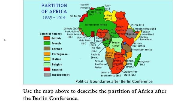 Use the map above to describe the partition of Africa after the Berlin Conference-example-1