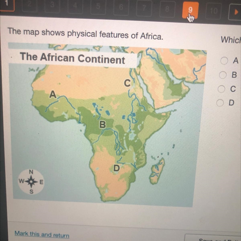 The map shows physical features of Africa. Which letter identifies the location of-example-1