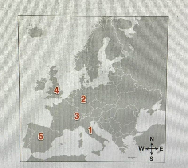 Which number on the map BEST represents the United Kingdom? A) 2 B) 3 A D) 5-example-1