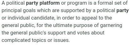 What is a party​ platform? A. the set of issues being debated in Congress at any given-example-1