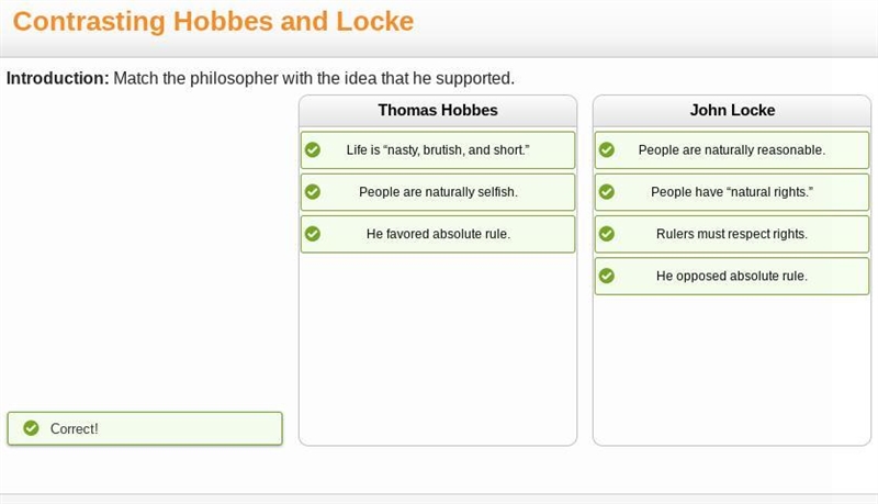 Contrasting Hobbes and Locke Match the philosopher with the idea that he supported-example-1