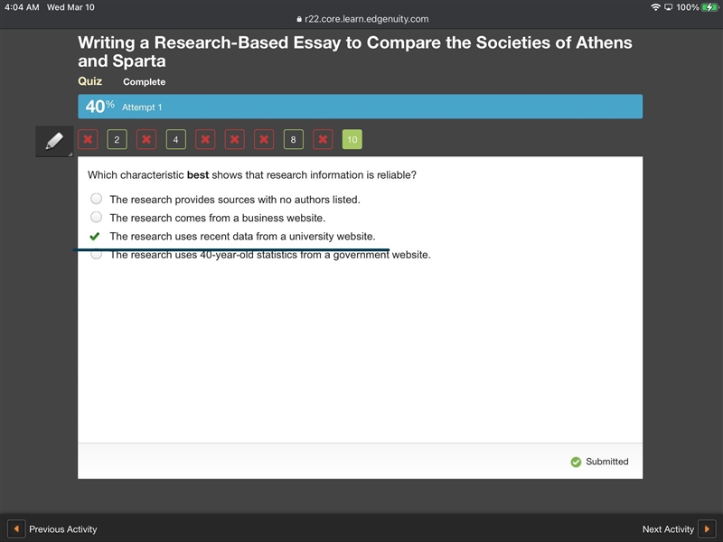 Which characteristic best shows that research information is reliable? O The research-example-1