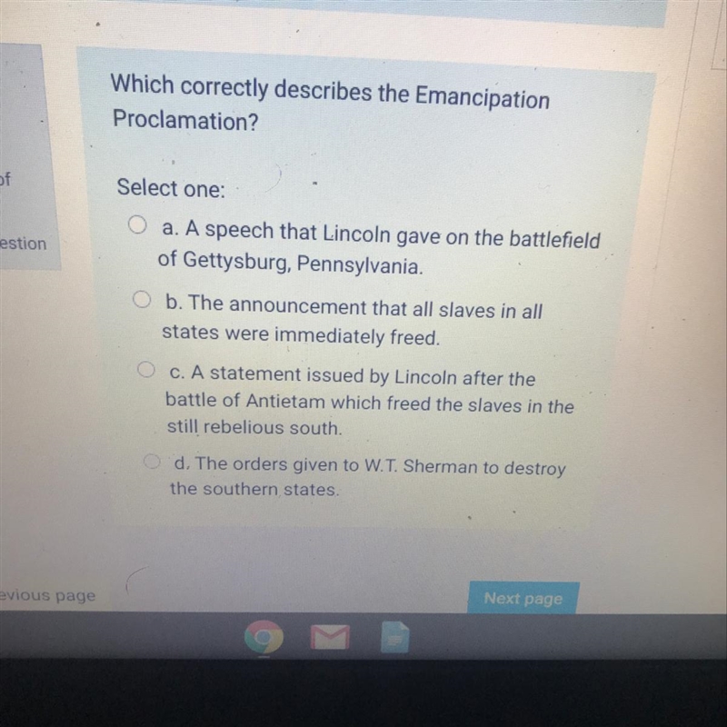 Which correctly describes the Emancipation Proclamation?-example-1