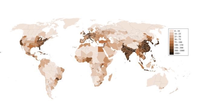 19. Based on the map, which area is most densely populated? eastern Asia northern-example-1