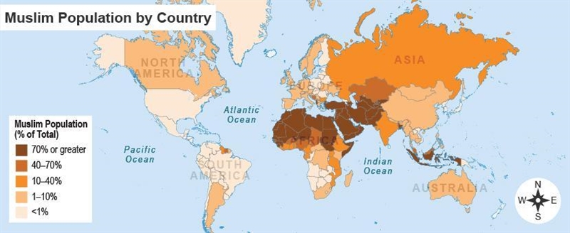 Which conclusion does the map support? Islam has spread in large numbers to North-example-1