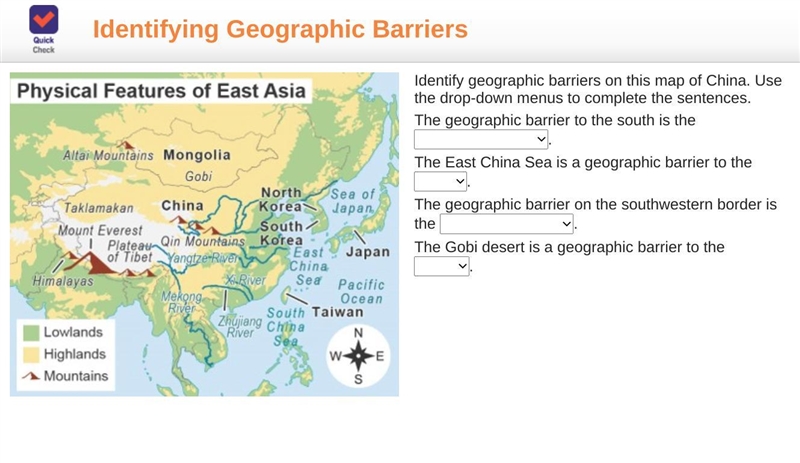 A map titled Physical Features of East Asia. A key shows Lowlands in green, Highlands-example-1