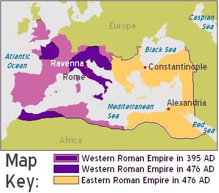 The map above shows changing boundaries of the Roman Empire between 395 AD and 476 AD-example-1