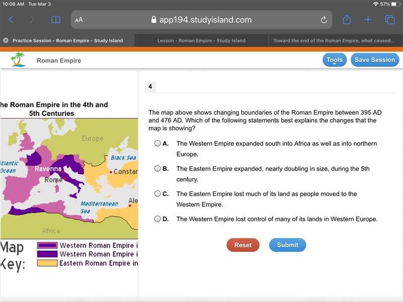 The map above shows changing boundaries of the Roman Empire between 395 AD and 476 AD-example-2