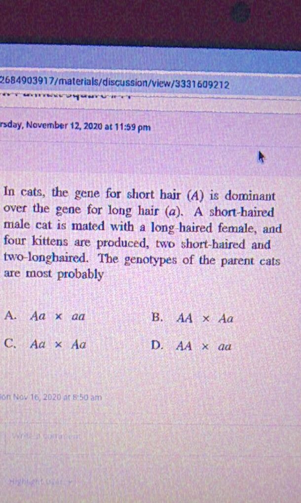 a cat in the gene for short hairs (A) dominant over the gene for a long-haired (a-example-1