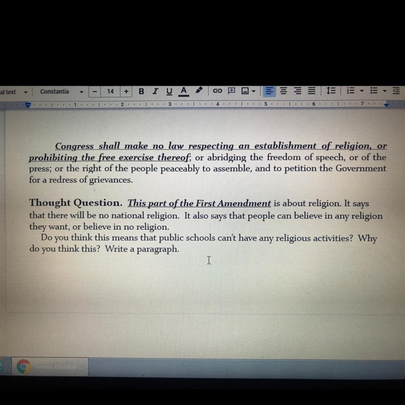 Thought Question. This part of the First Amendment is about religion. It says that-example-1