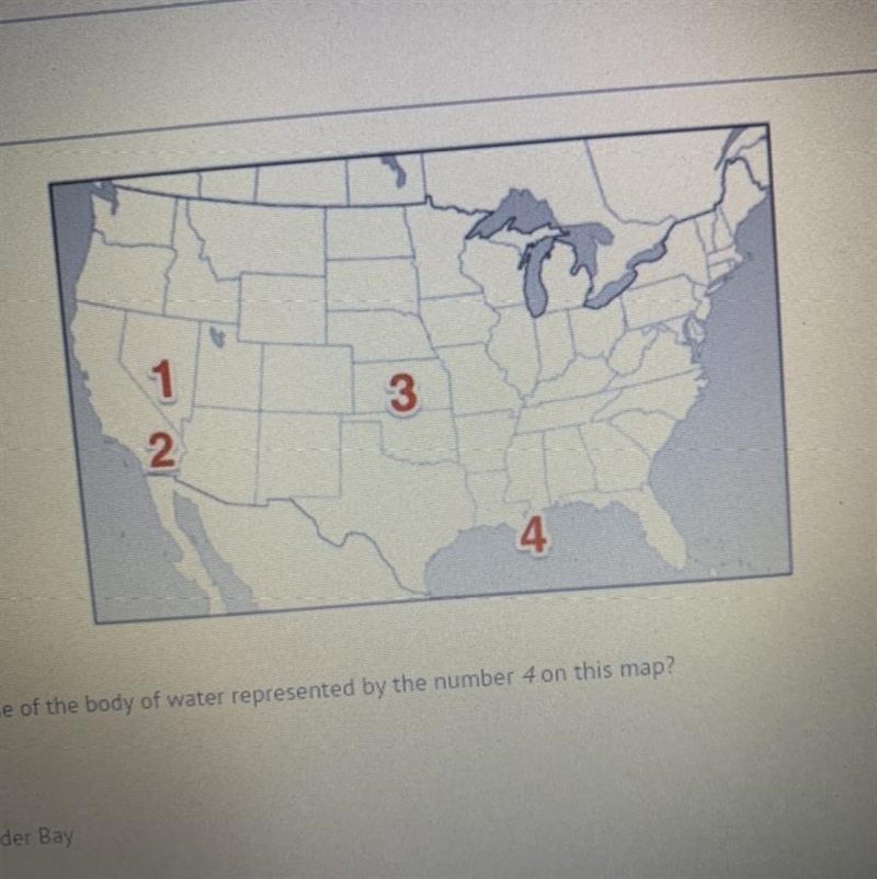 What is the name of the body of water represented by the number 4 on this map?-example-1