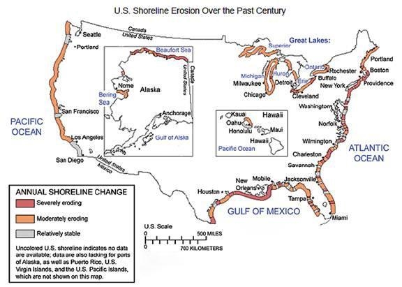 According to the map, which part of the United States has the longest stretch of beach-example-1