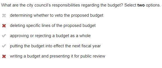 What are the city council’s responsibilities regarding the budget? Select two options-example-1