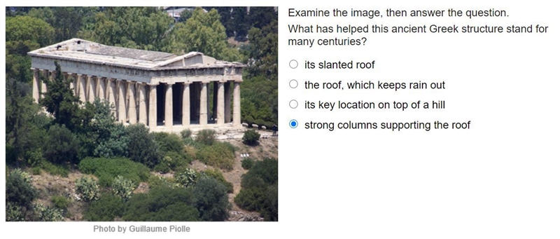 Examine the image, then answer the question. What has helped this ancient Greek structure-example-1