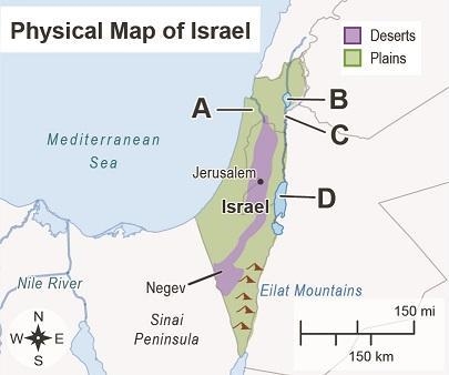 The map shows the physical features of Israel. Which letter on the map labels the-example-1