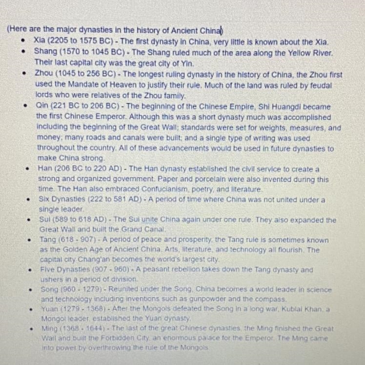 1. Based on the timeline above, which is the last great Chinese Dynasty?-example-1