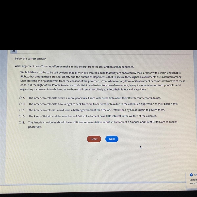 Select the correct answer. What argument does Thomas Jefferson make in this excerpt-example-1