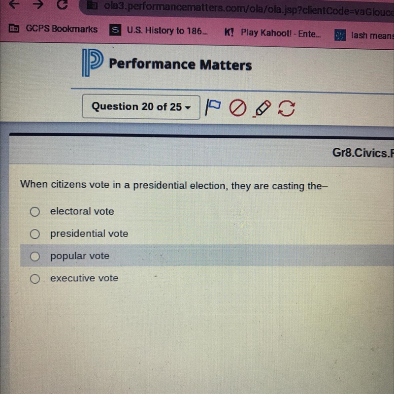 When citizens vote in a presidential election, they are casting the- O electoral vote-example-1