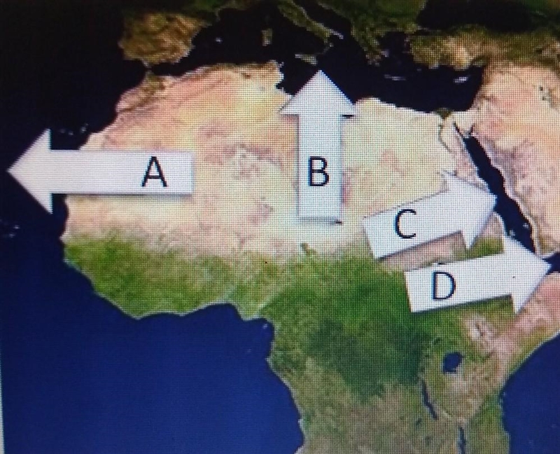 On the map above, what body if water is arrow A pointing to? A. the Atlantic Ocean-example-1