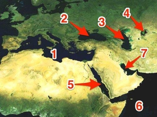 Identify the number that is CLOSEST to the Strait of Hormuz. A) 1 B) 3 C) 5 D) 7-example-1