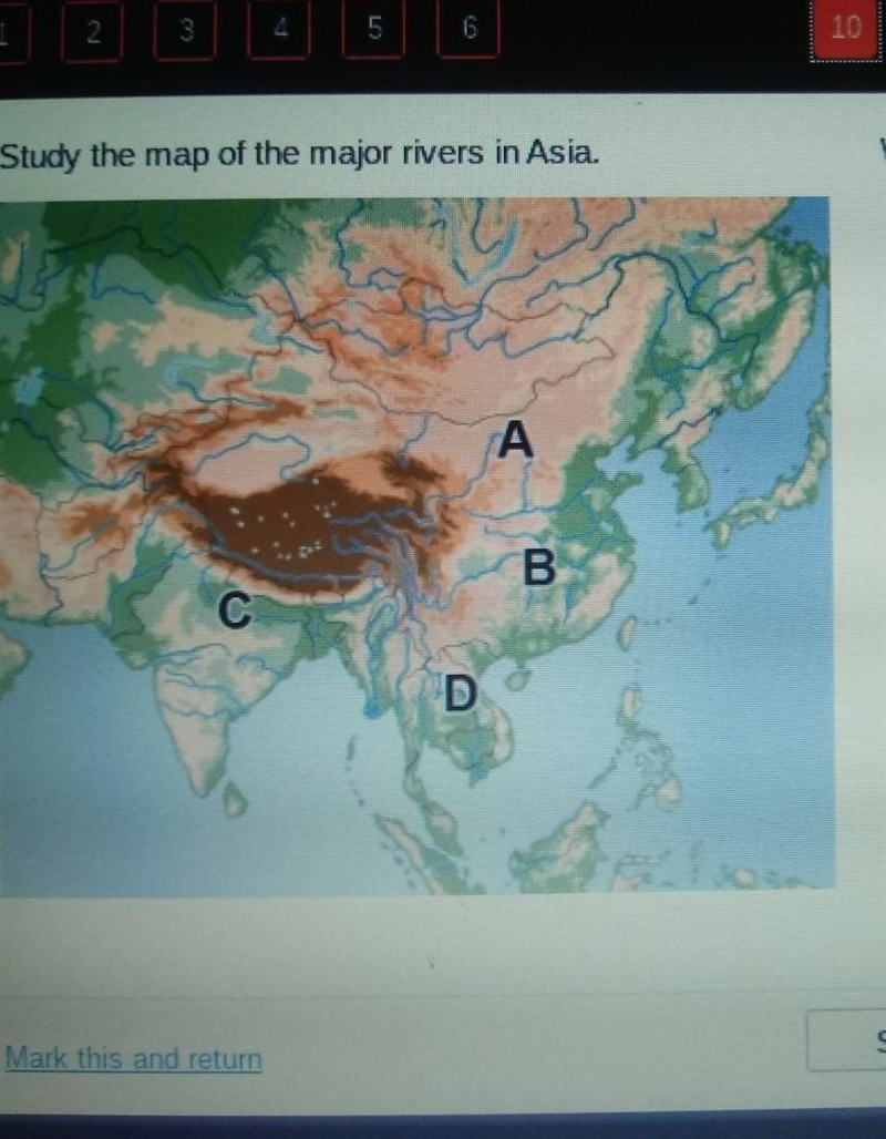 1 3 5 6 10 TIME REMAINIE 27:46 Study the map of the major rivers in Asia. Which river-example-1