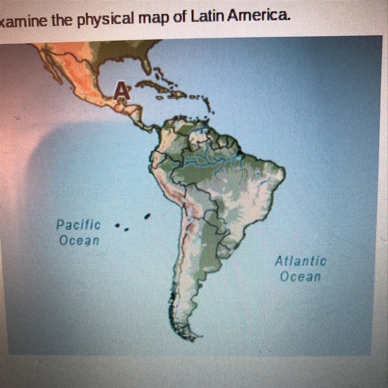 Examine the physical map of Latin America Which physical feature is located at A? Atacama-example-1