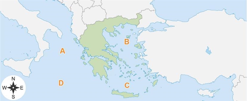 The map shows ancient Greece. A map of Greece. The map has labels A through D. A is-example-1